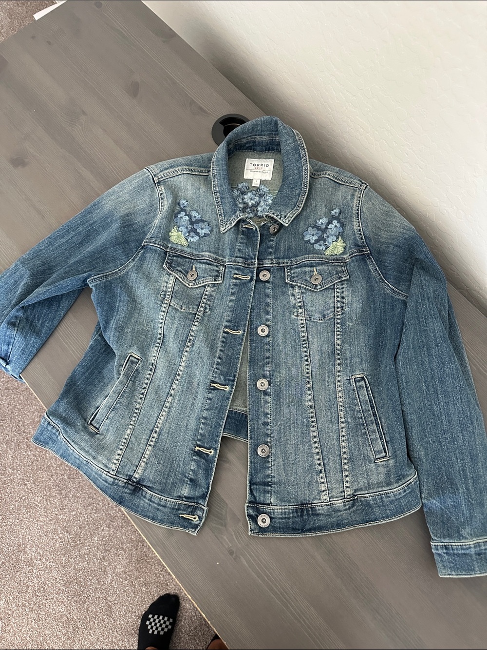 torrid blue denim jacket with floral shoulder embroidery and butterfly back